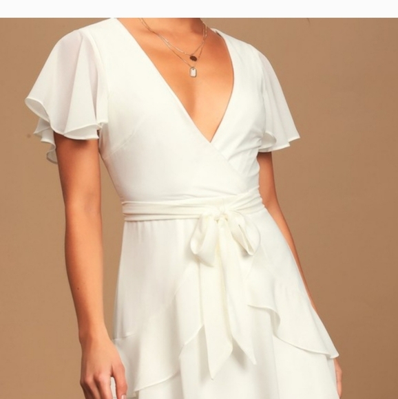 Lulu's Sweet Like You White Ruffled Deep V Neckline Mini Dress Size S NWT - Picture 2 of 5
